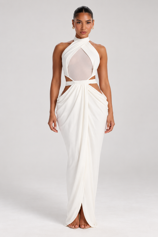 Vestido Halter Aurora · SILKARA — Blanco, vista frontal
