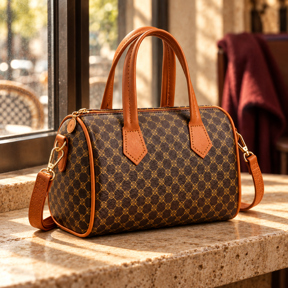 Bolso Rivoli Cognac junto a una ventana con luz natural