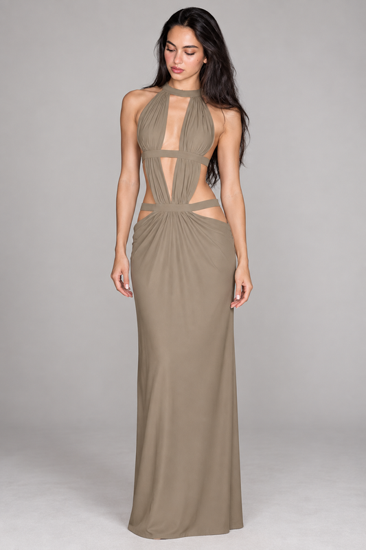 Vestido Halter Sienna · SILKARA — Taupe, vista frontal